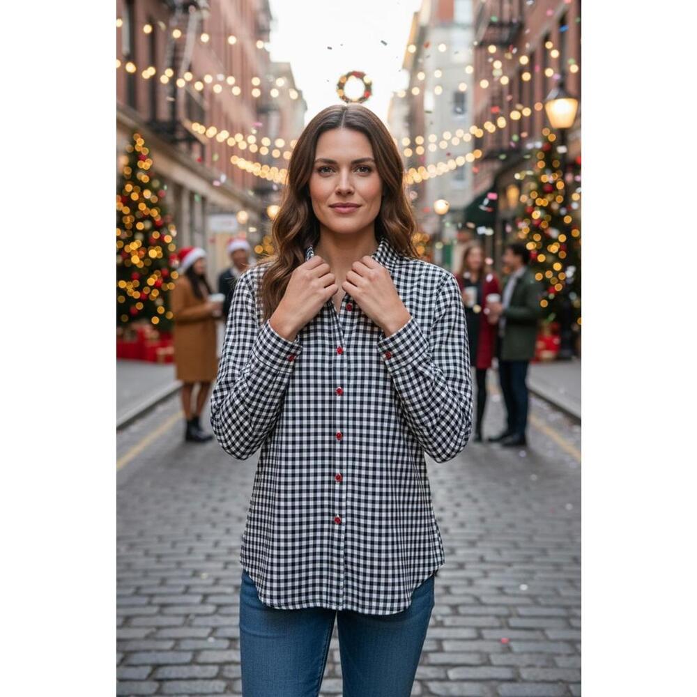 Black and White Gingham Button-Up Women's Blouse Size PL